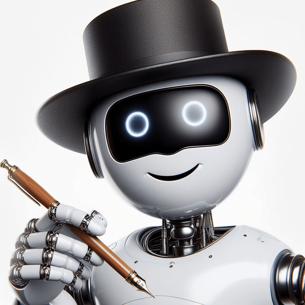 robot smiling, holding a pen in hand