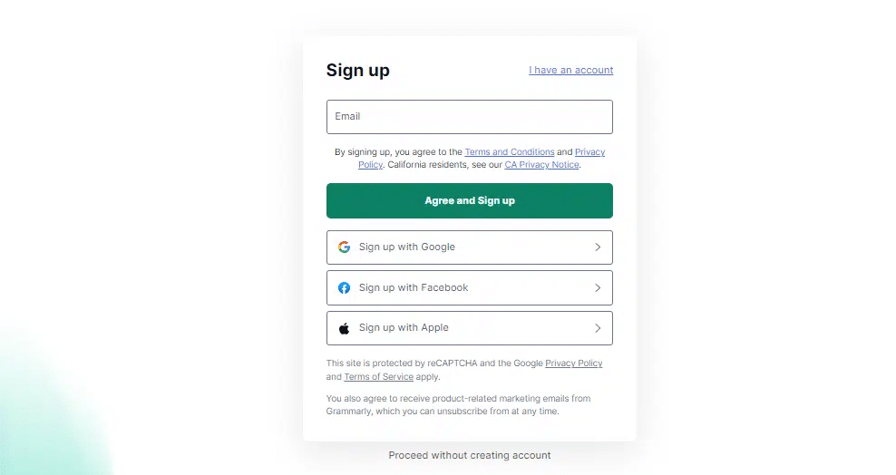 Grammarly account signup page