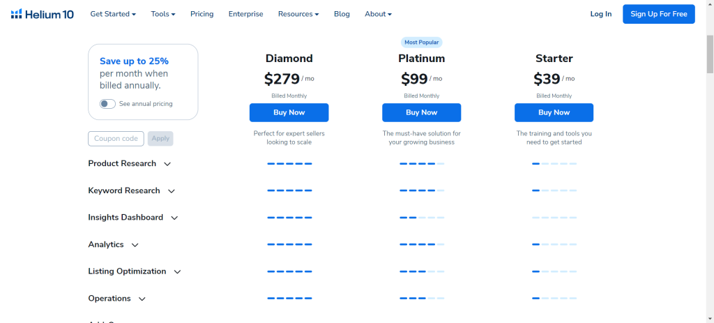 Helium 10 Pricing Plan Overview