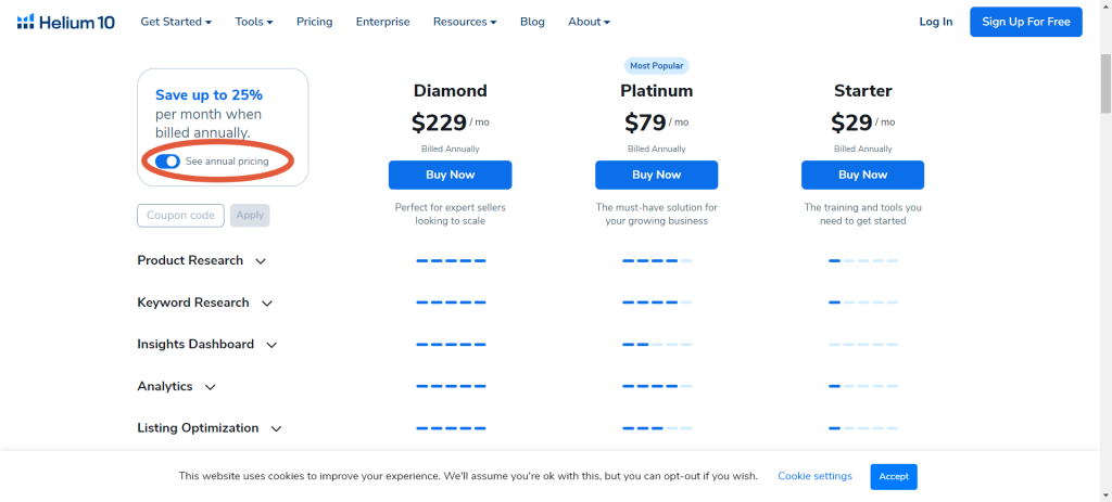 Helium 10 Plans-Pricing