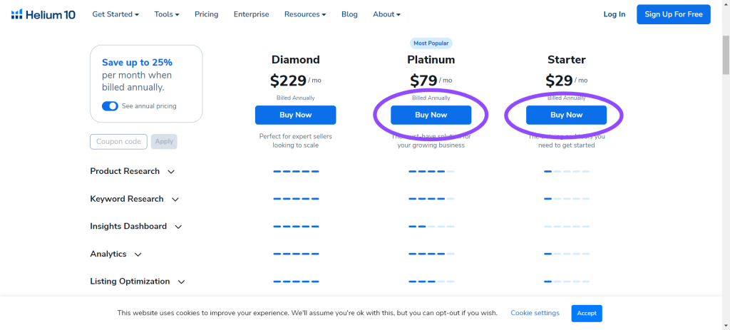 Helium 10 Starter and Platinum Plans-Pricing